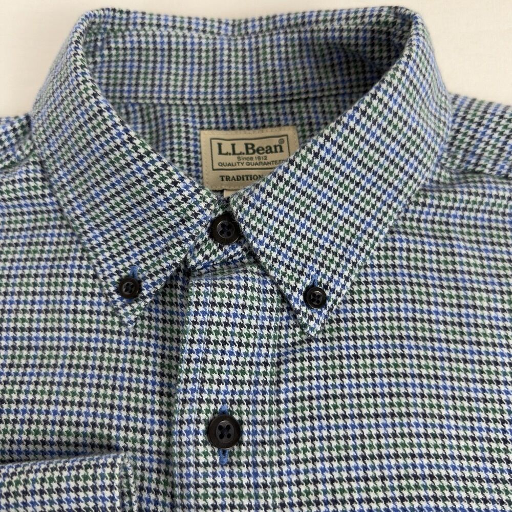 LL Bean Wicked Good Flannel Shirt Mens M Regular Houndstooth Blue Green VTG